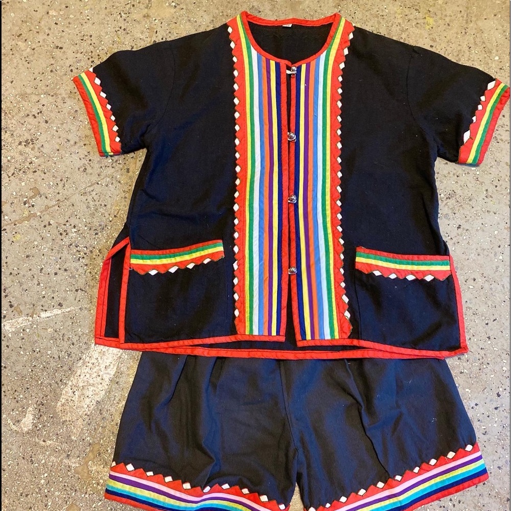 Handwoven folk art clothing. Matching top &shorts by John Fowler. Euro size 32